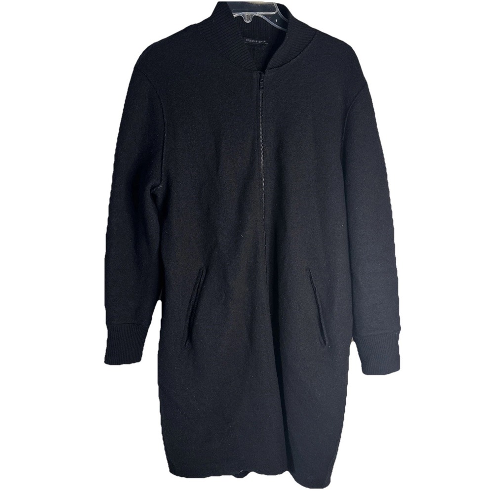 Eileen Fisher Black Wool Long Bomber Coat Medium